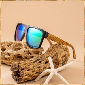 Woodies Oversized Flat Top Aviator Zebra Wood Wrap Sunglasses with Green Lens for Men and Women | 100% UVA/UVB Protection