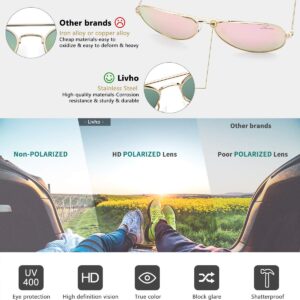 livho Sunglasses for Men Women Aviator Polarized Metal Mirror UV 400 Lens Protection (Rose Gold & Black)