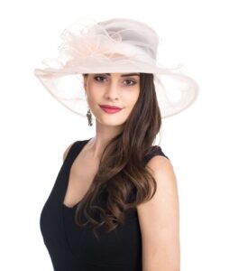 lucky leaf women church cap wide brim summer sun hat for party wedding(beige)