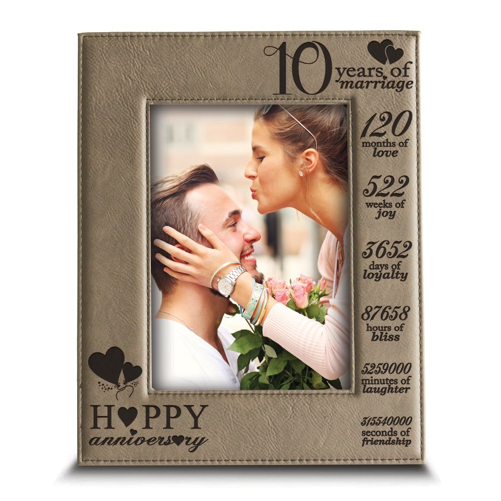 Bella Busta-10 Years of Marriage-anniversary for husband, Wife-Engraved Leather Picture Frame (4x 6 Vertical) light brown