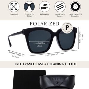 DIFF Bella Designer Oversized Square Sunglasses for Women UV400 Polarized Protection w/giftable travel case, Black + Grey