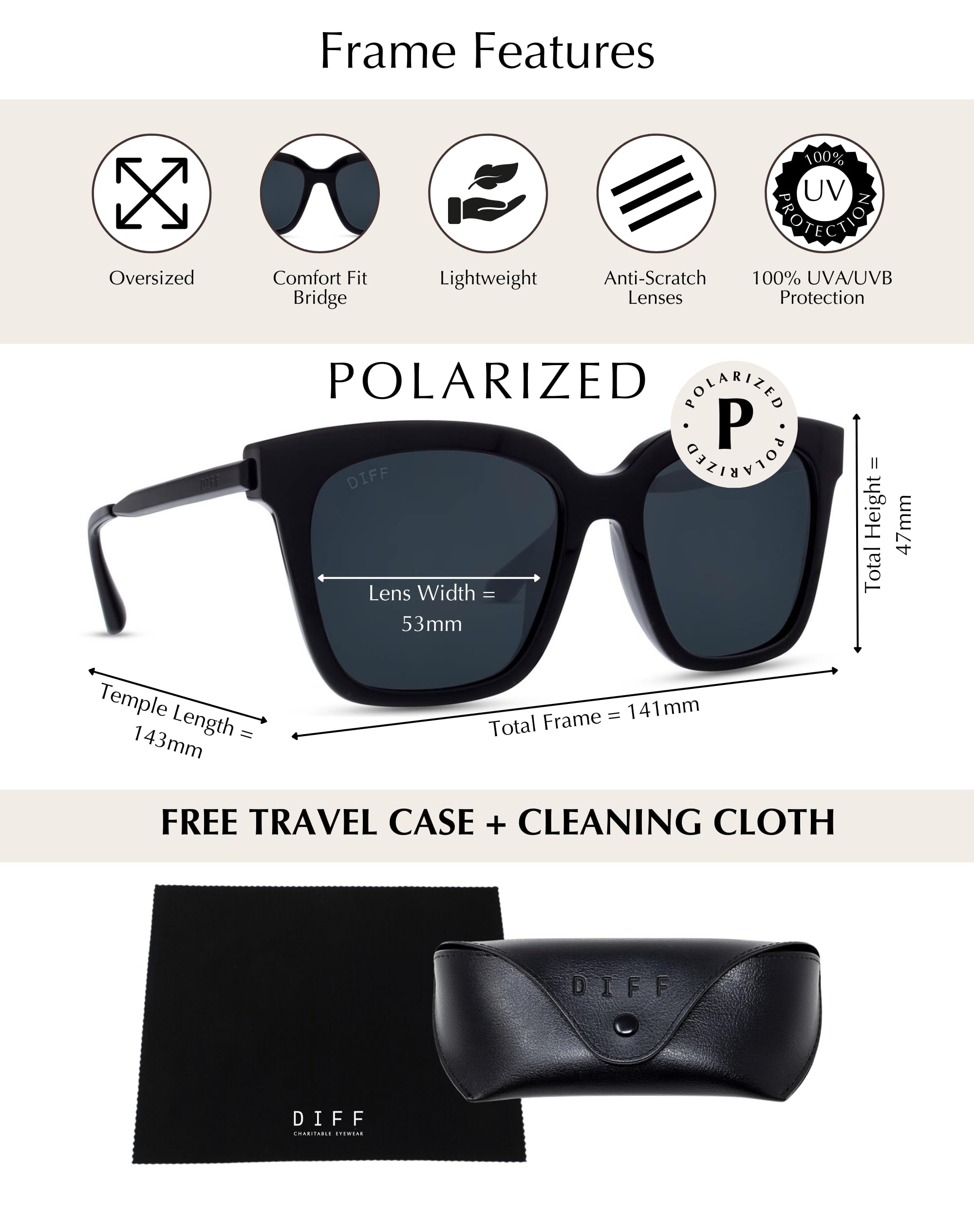 DIFF Bella Designer Oversized Square Sunglasses for Women UV400 Polarized Protection w/giftable travel case, Black + Grey