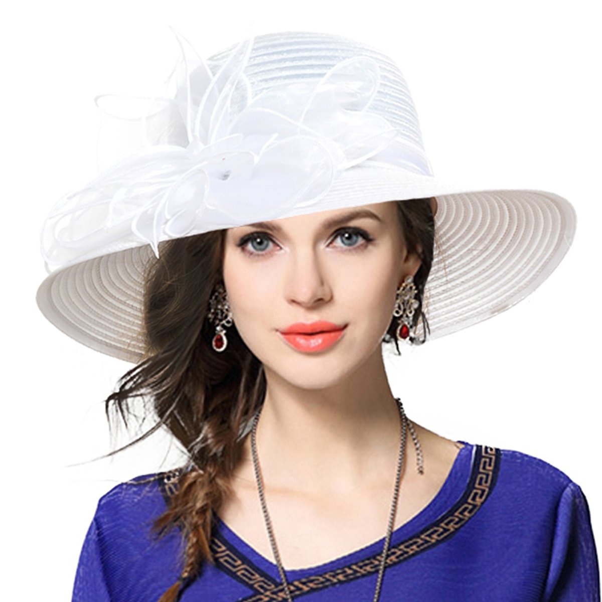 Women Derby Church Dress Hat Wide Brim Leaf Flower Bridal Shower Hat (White)