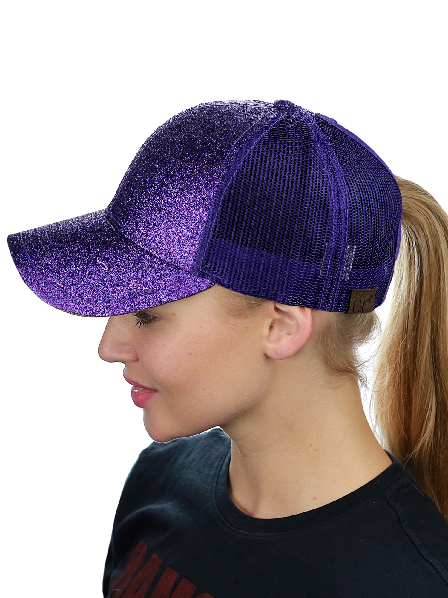 C.C Ponycap Messy High Bun Ponytail Adjustable Glitter Mesh Trucker Baseball Cap, Purple