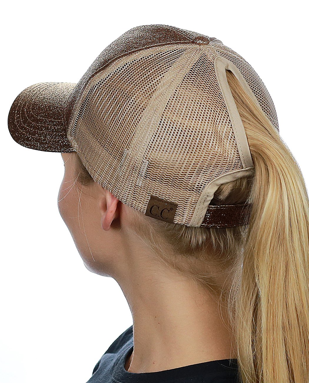 C.C Ponycap Messy High Bun Ponytail Adjustable Glitter Mesh Trucker Baseball Cap, Smoky Topaz