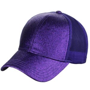 C.C Ponycap Messy High Bun Ponytail Adjustable Glitter Mesh Trucker Baseball Cap, Purple