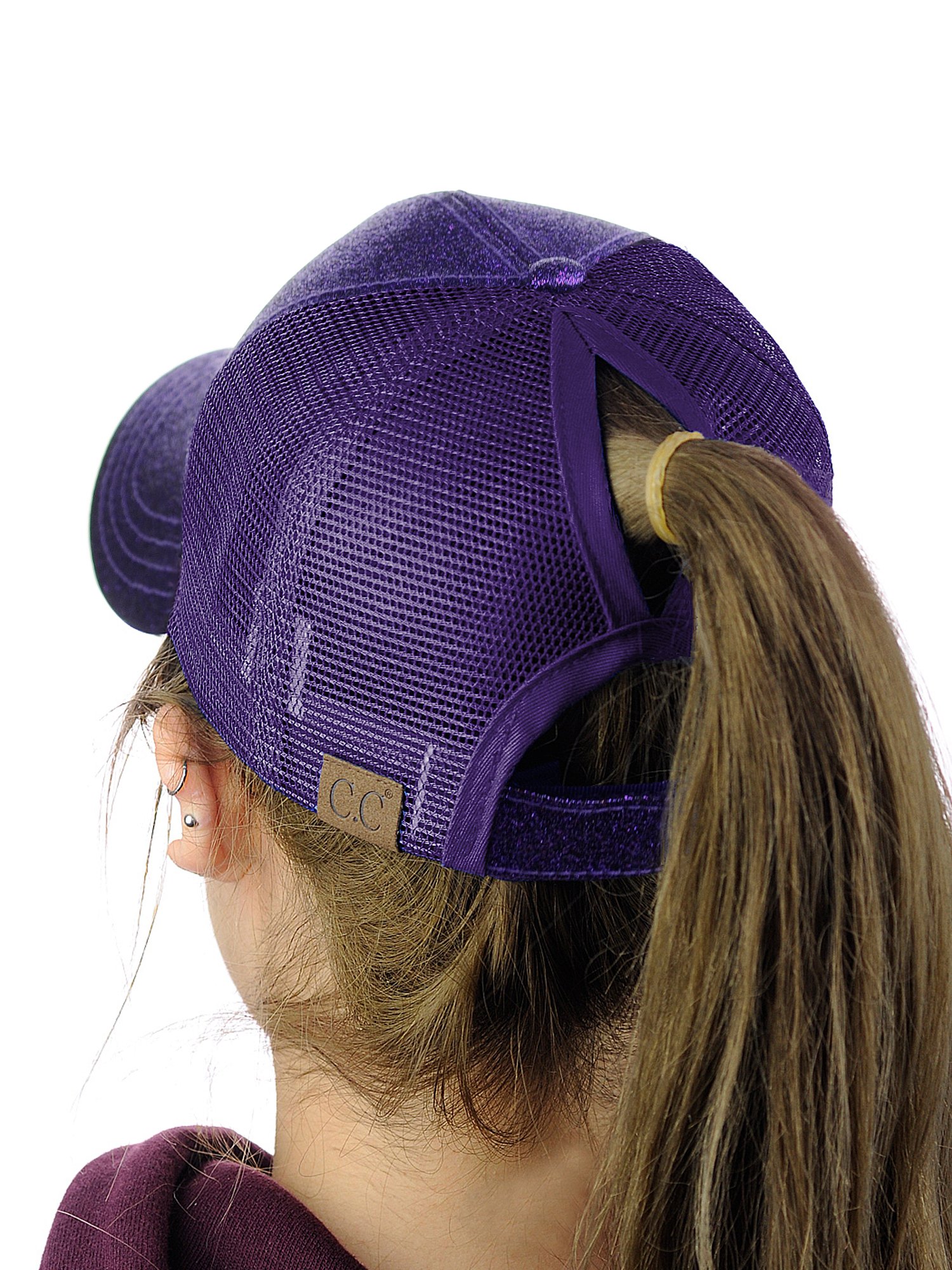 C.C Ponycap Messy High Bun Ponytail Adjustable Glitter Mesh Trucker Baseball Cap, Purple