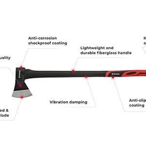 INTERTOOL 36” Wood Chopping Axe, 2.8 Lbs, Long Tree Felling Ax, Firewood Cutting, Shock Absorbing Fiberglass Anti-Slip Handle with Blade Cover HT-0264