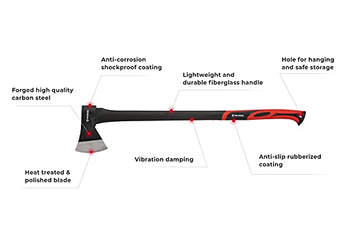 INTERTOOL 36” Wood Chopping Axe, 2.8 Lbs, Long Tree Felling Ax, Firewood Cutting, Shock Absorbing Fiberglass Anti-Slip Handle with Blade Cover HT-0264