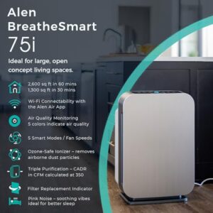 Alen Air Purifier BreatheSmart 75i HEPA w/ Pure Filter for Large Rooms up to 2600 Sq. Ft. - Perfect for Living Room & Kitchen - Captures Allergens, Dust, & Mold - Espresso