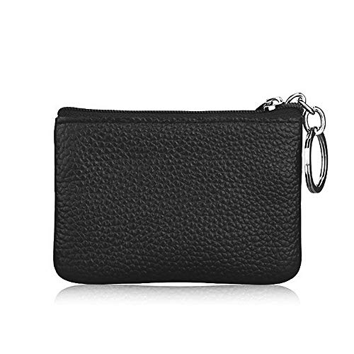 Hibate Black Small Leather Coin Purse Change Pouch for Women Men Kids with Zip Key Ring