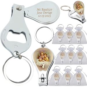 Personalized Engraved Baptism Keychains (12 PCS) - Key Ring with Nail Clipper and Bottle Opener Party Favors for Baby Boys and Girls Recuerdos Bautizo Customized Gift for Guest