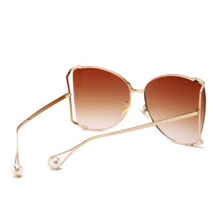 Armear Women Oversized Semi Rimless Sunglasses Retro Gold Metal Frame Brown Lens Fashion Pearl Design 64mm