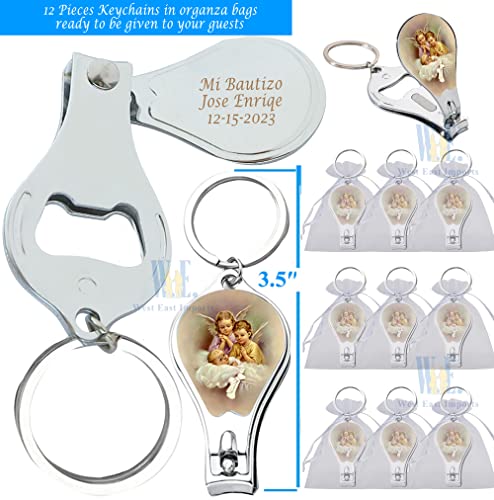 Personalized Engraved Baptism Keychains (12 PCS) - Key Ring with Nail Clipper and Bottle Opener Party Favors for Baby Boys and Girls Recuerdos Bautizo Customized Gift for Guest