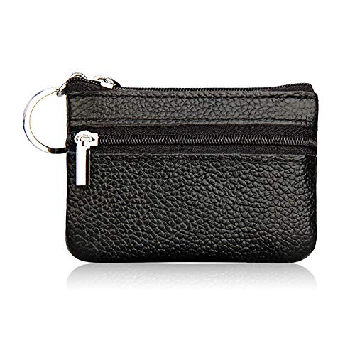 Hibate Black Small Leather Coin Purse Change Pouch for Women Men Kids with Zip Key Ring