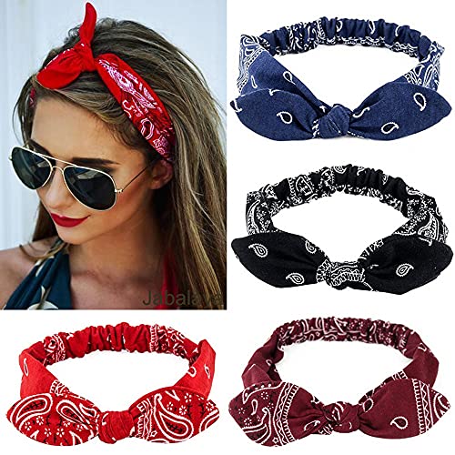 Carede 6 Pack Elastic Paisley Bandana Knot Headbands Rabbit Ear Bow Headband Turban Headwraps Hair Band for Women Girls