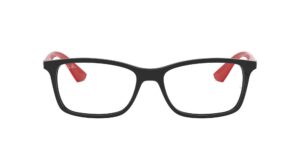 ray-ban rx7047 rectangular prescription eyeglass frames, black on red/demo lens, 56 mm