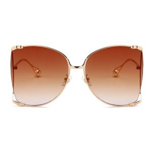 Armear Women Oversized Semi Rimless Sunglasses Retro Gold Metal Frame Brown Lens Fashion Pearl Design 64mm