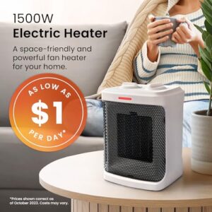 Pro Breeze Space Heater – 1500W Portable Electric Heater for Indoor Use, Ceramic Heater with Adjustable Thermostat, Small Heater for Home, Bedroom, Office, Garage with 3 Operating Modes - White