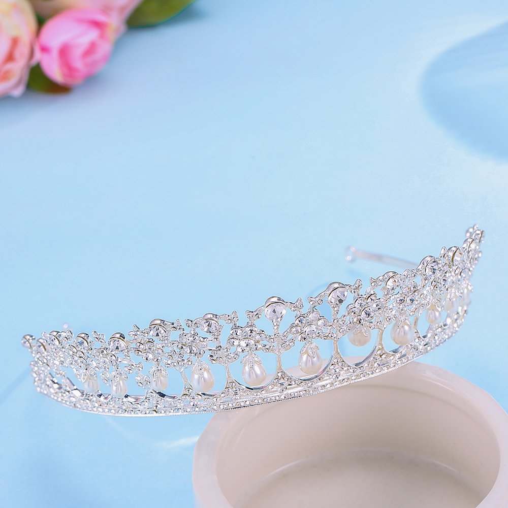 SSNUOY Pearl Princess Crowns Wedding Tiara for Women Silver Rhinestone Crown Bridal Princess Hair Accessories