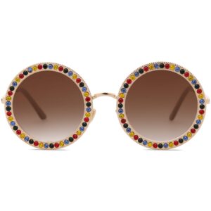 SOJOS Shining Oversized Round Rhinestone Sunglasses Festival Gem Sunnies SJ1095 with Gold Frame/Gradient Brown Lens with Colored Diamonds