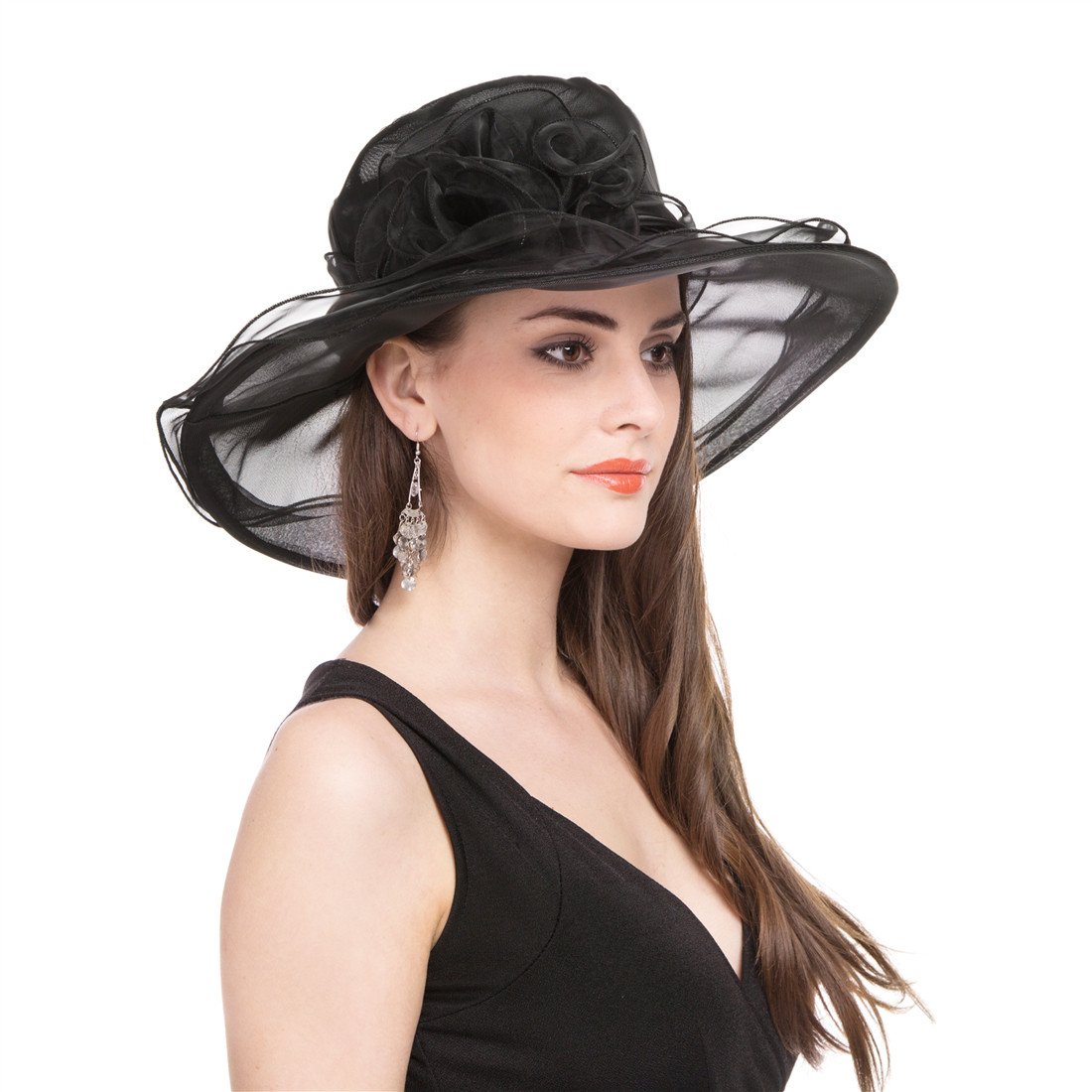 Lucky Leaf Women Church Cap Wide Brim Summer Sun Hat for Party Wedding(Hat-New Black)