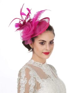 saferin fascinator for women hair clip hat bowler feather flower veil wedding party hat tea hat（ta4-fuchsia）