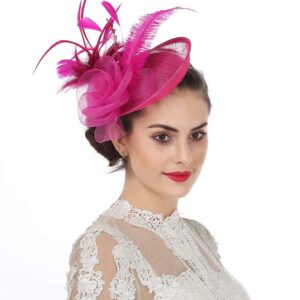 SAFERIN Fascinator for Women Hair Clip Hat Bowler Feather Flower Veil Wedding Party Hat Tea Hat（TA4-Fuchsia）