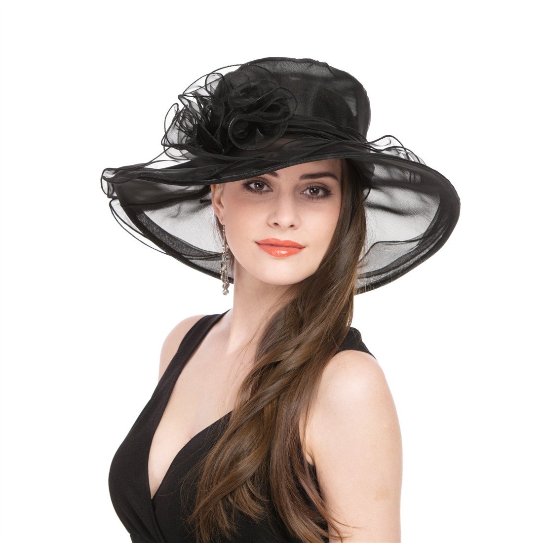 Lucky Leaf Women Church Cap Wide Brim Summer Sun Hat for Party Wedding(Hat-New Black)