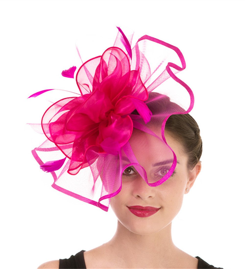 Fascinator Women's Organza Church Kentucky Derby British Bridal Tea Party Wedding Hat Summer Ruffle Hat(Hj2-Fuschia)