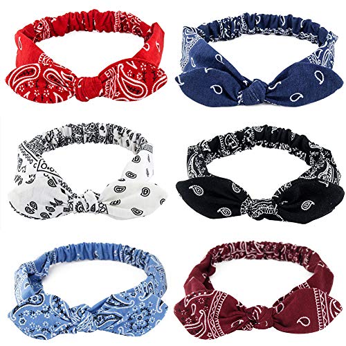 Carede 6 Pack Elastic Paisley Bandana Knot Headbands Rabbit Ear Bow Headband Turban Headwraps Hair Band for Women Girls