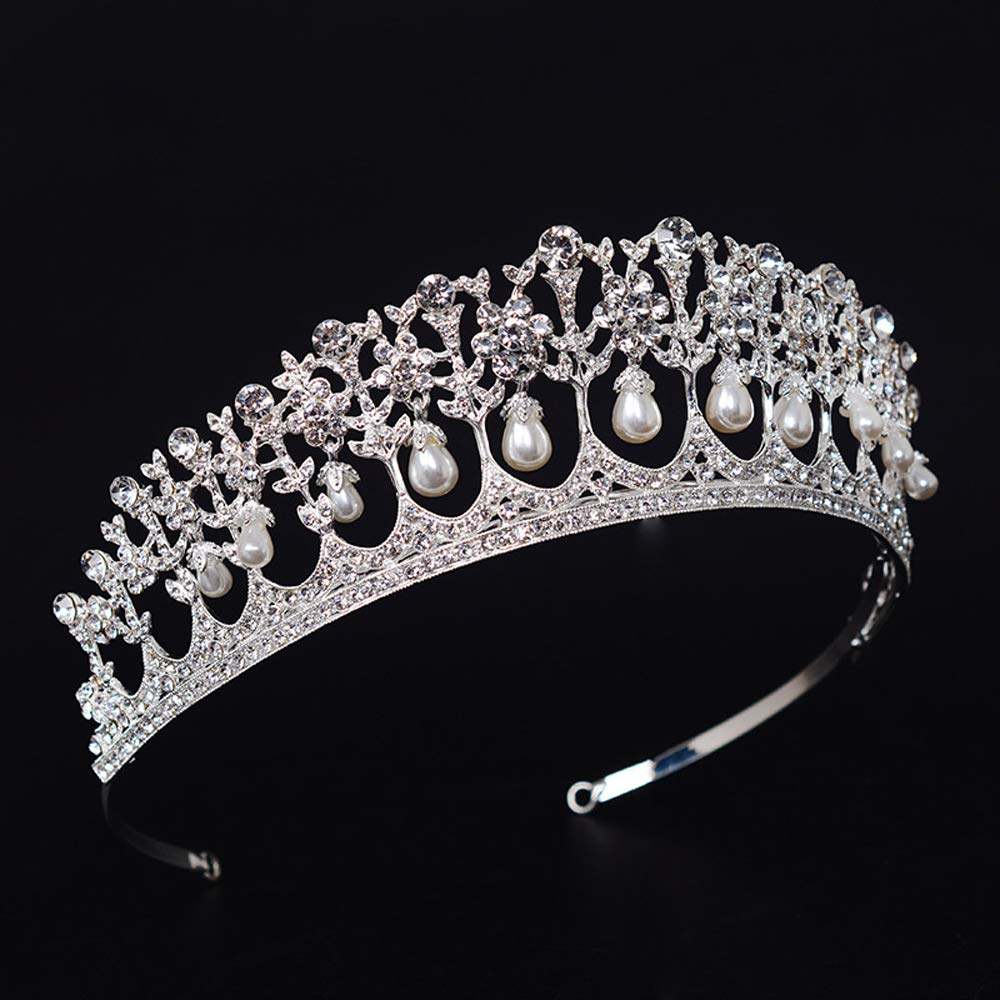 SSNUOY Pearl Princess Crowns Wedding Tiara for Women Silver Rhinestone Crown Bridal Princess Hair Accessories