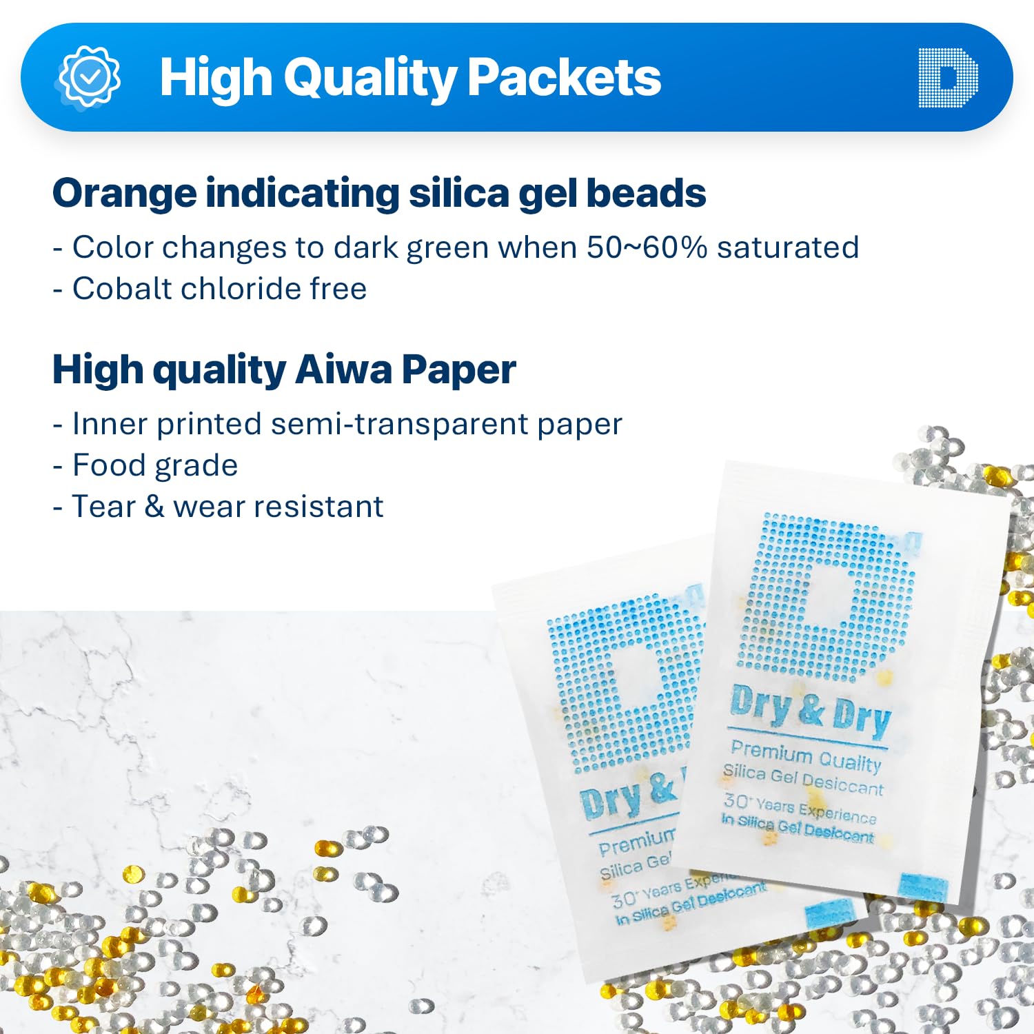 Dry & Dry 5 Gram[50 Packets] Orange Indicating Silica Gel Packets Desiccant Dehumidifiers - Food Safe Silica Packs, Silica Gel, Moisture Absorbers, Silica Packets, Desiccant Packs