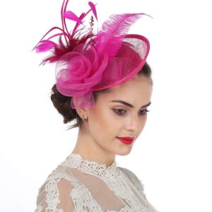 SAFERIN Fascinator for Women Hair Clip Hat Bowler Feather Flower Veil Wedding Party Hat Tea Hat（TA4-Fuchsia）