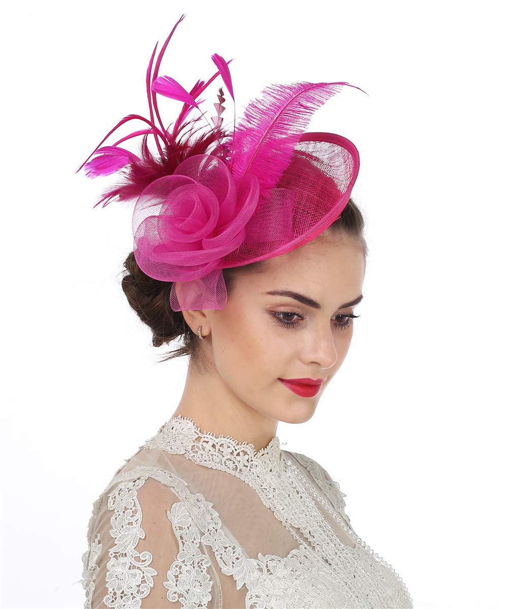 SAFERIN Fascinator for Women Hair Clip Hat Bowler Feather Flower Veil Wedding Party Hat Tea Hat（TA4-Fuchsia）