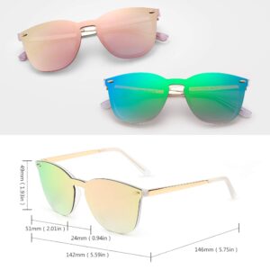 JIM HALO Trendy Rimless Mirrored Sunglasses Reflective Sun Glasses for Women Men 2 Pack (Green & Pink)