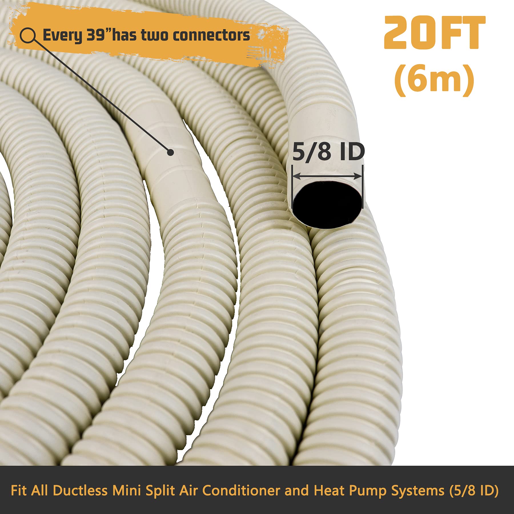 AC Parts 20Ft Mini Split AC Drain Hose Air Conditioner Parts & Accessories Water Drain Line, Flexible Drain Pipe for Ductless Mini Split Air Conditioner Heat Pump Systems