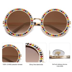 SOJOS Shining Oversized Round Rhinestone Sunglasses Festival Gem Sunnies SJ1095 with Gold Frame/Gradient Brown Lens with Colored Diamonds