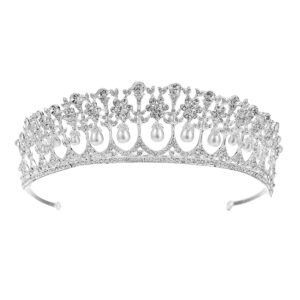 SSNUOY Pearl Princess Crowns Wedding Tiara for Women Silver Rhinestone Crown Bridal Princess Hair Accessories