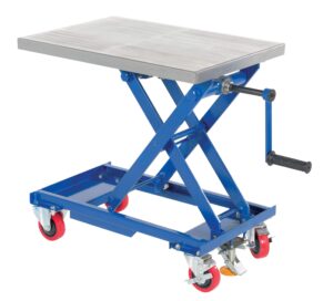 vestil cart-330-m steel mechanical scissor cart with hand crank 18 in. x 28 in. 330 lb. capacity blue/silver