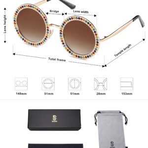 SOJOS Shining Oversized Round Rhinestone Sunglasses Festival Gem Sunnies SJ1095 with Gold Frame/Gradient Brown Lens with Colored Diamonds