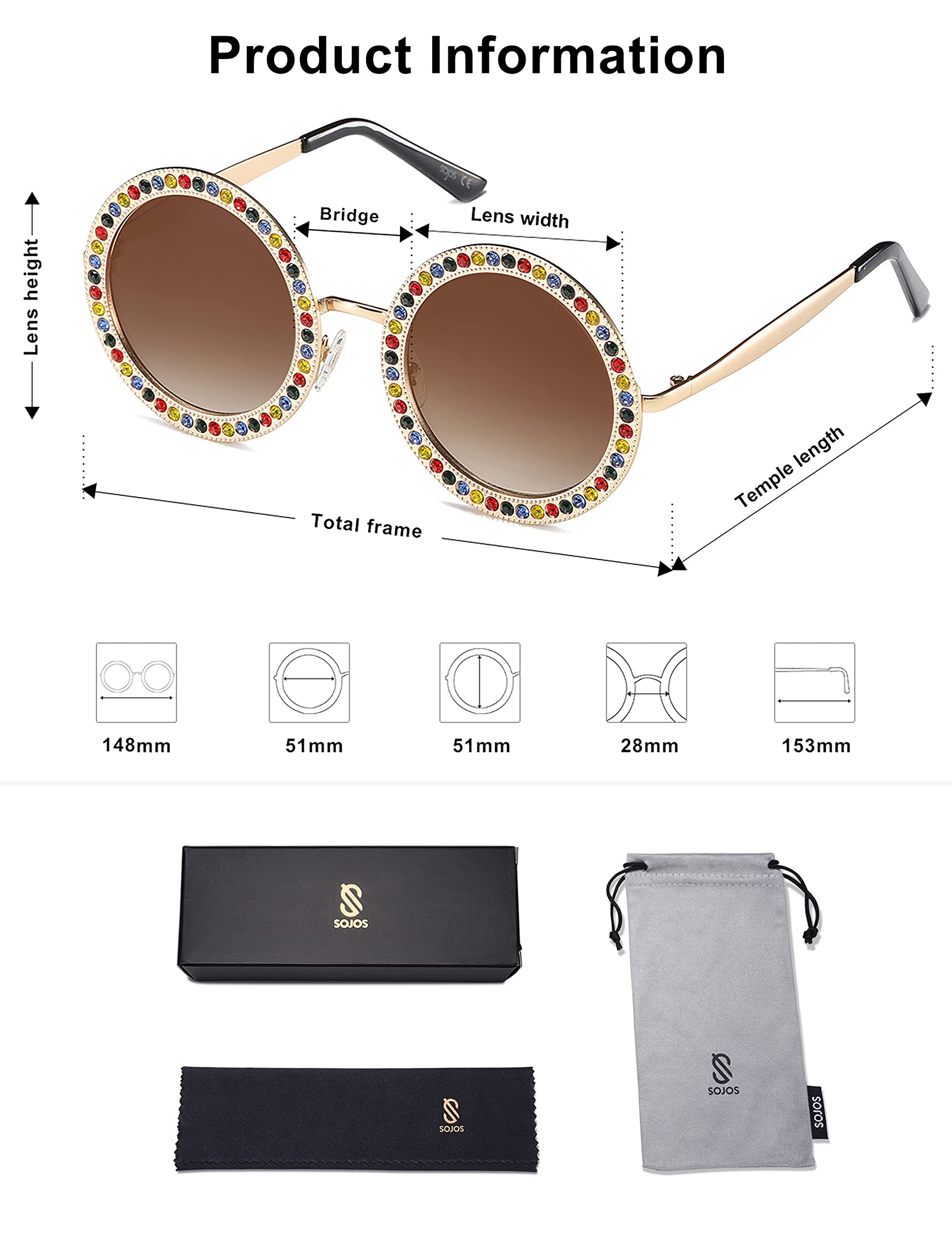 SOJOS Shining Oversized Round Rhinestone Sunglasses Festival Gem Sunnies SJ1095 with Gold Frame/Gradient Brown Lens with Colored Diamonds