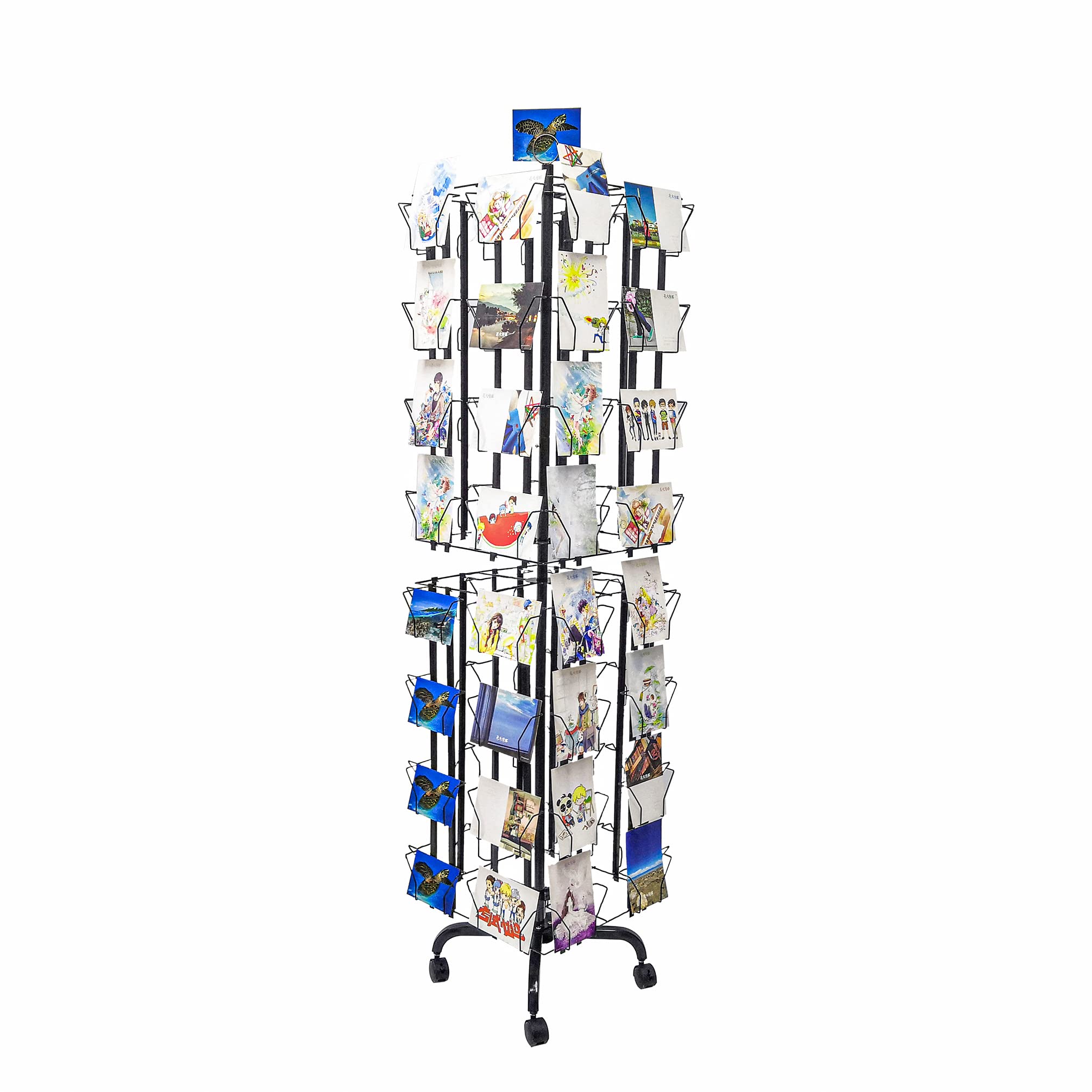 64 Adjustable Pockets Display Rack 5x7 7x5 up to 9.3" Wide X 8" Tall Cards, 1.27" deep Pockets, Double Tier Greeting Post Card Christmas Holiday Spinning Rack Stand Black 11603-M-BLK