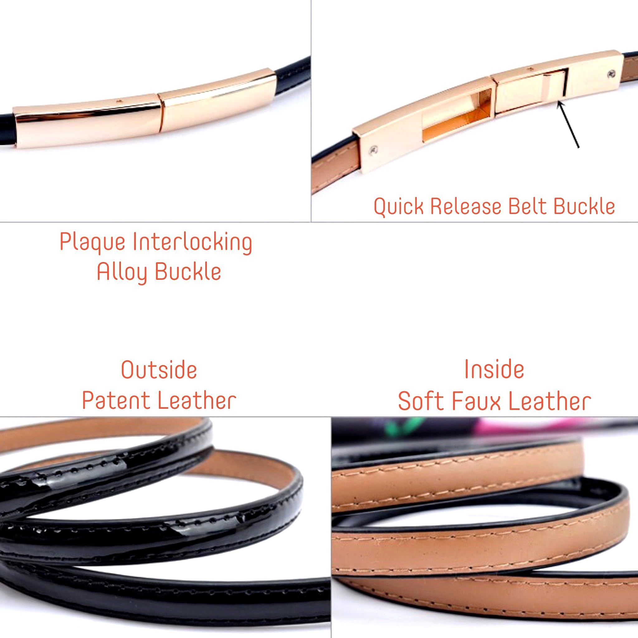 Women's Belt Dress Fashion Patent Leather Belts Adjustable 22"- 36" Skinny Slim Belt Genuine Leather Gold Color Buckle Waistband, Peach-Pink