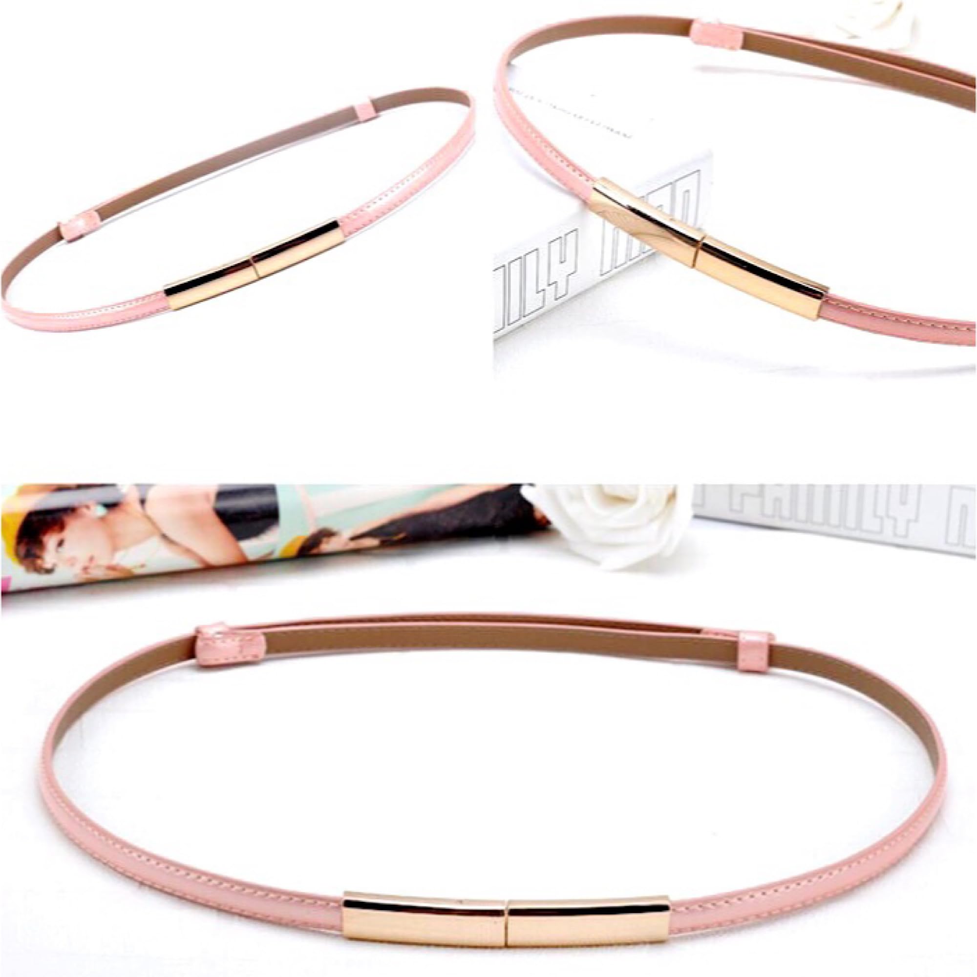 Women's Belt Dress Fashion Patent Leather Belts Adjustable 22"- 36" Skinny Slim Belt Genuine Leather Gold Color Buckle Waistband, Peach-Pink