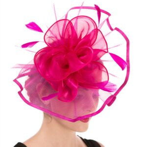 Fascinator Women's Organza Church Kentucky Derby British Bridal Tea Party Wedding Hat Summer Ruffle Hat(Hj2-Fuschia)