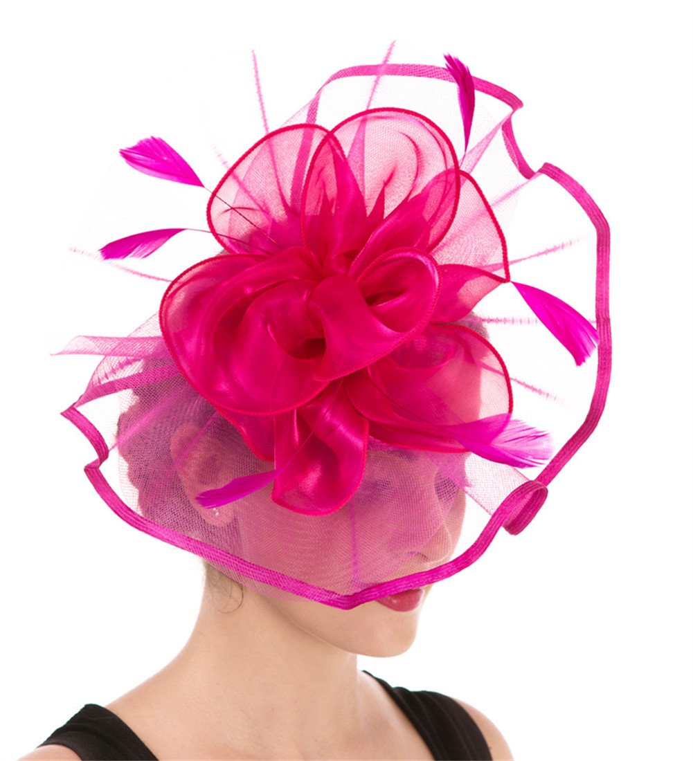 Fascinator Women's Organza Church Kentucky Derby British Bridal Tea Party Wedding Hat Summer Ruffle Hat(Hj2-Fuschia)