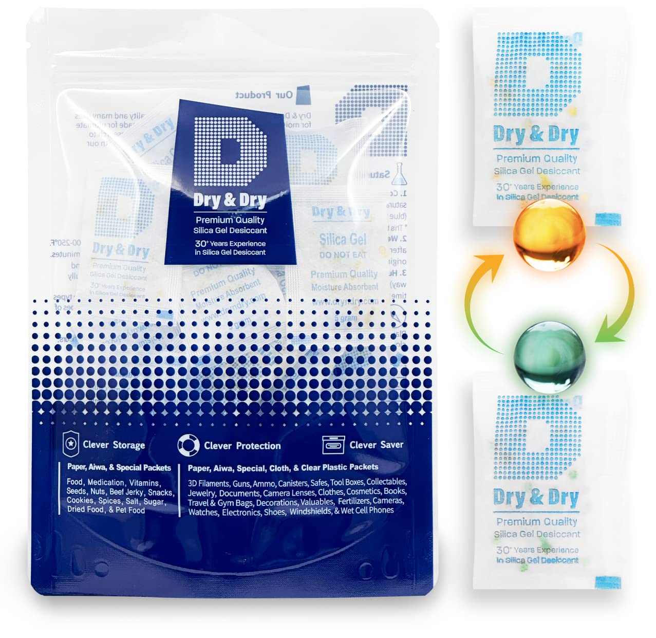 Dry & Dry 5 Gram[50 Packets] Orange Indicating Silica Gel Packets Desiccant Dehumidifiers - Food Safe Silica Packs, Silica Gel, Moisture Absorbers, Silica Packets, Desiccant Packs