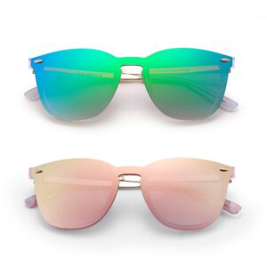 JIM HALO Trendy Rimless Mirrored Sunglasses Reflective Sun Glasses for Women Men 2 Pack (Green & Pink)