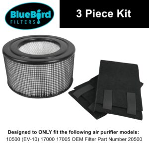 BlueBird Filters Replacement HEPA Filter & Carbon Pre Filter Kit For Honeywell 10500 (EV-10) 17000 17000-S 17005 OEM Part Number 20500 (1 HEPA + 2 Carbon Pre-Filter)